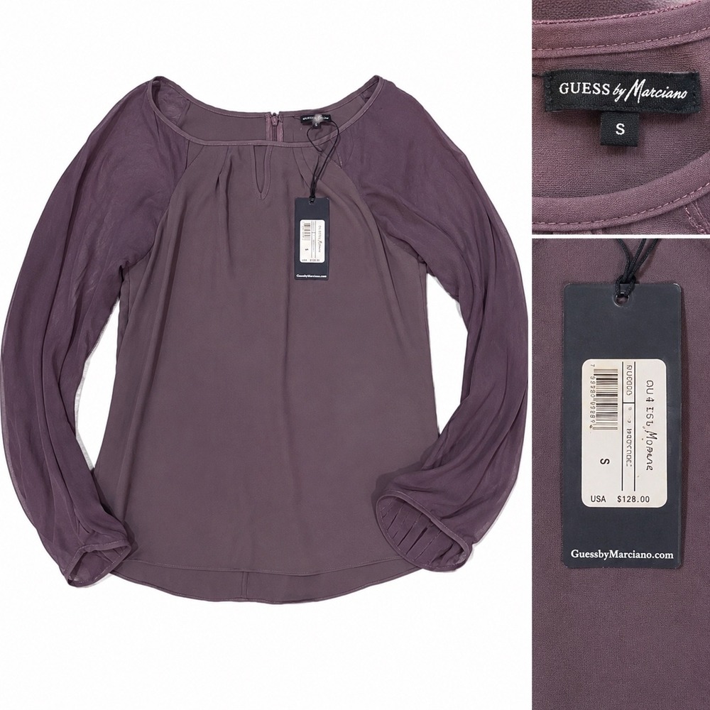 NWT Guess Marciano Sheer Chiffon Balloon Sleeve Blouse Muted Purple Small $128